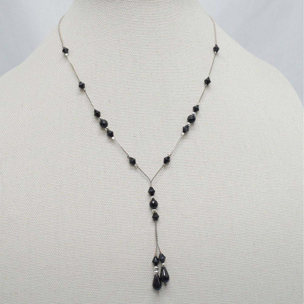 Whimsigoth Black Beaded Y Necklace Silver Tone Station Dangle Fairy Grunge Goth